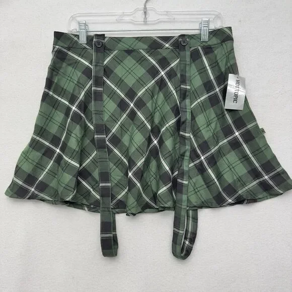 Royal Bones Hot Topic Tartan Plaid Skirt M Green Suspenders School Girl Y2K NEW - Picture 2 of 10